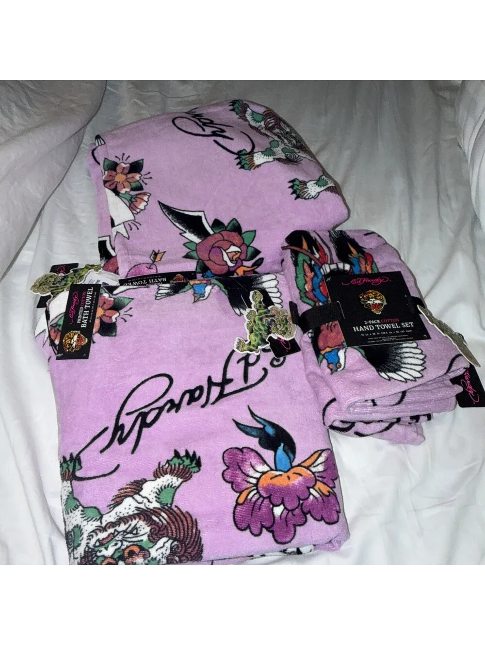 Ed Hardy Purple Bath Towel 4 Piece Set, 100% Cotton 2 Bath Towels 2Hand Towels